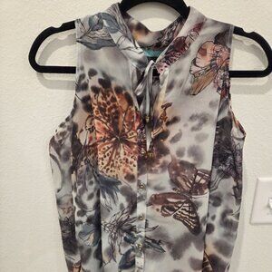 Women’s Butterfly Print Blouse Top Colorful Sheer Button Down Size M